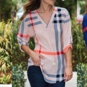 Amaryllis Women Plaid Size Small Peach Gray Orange V Neck Roll-Sleeves